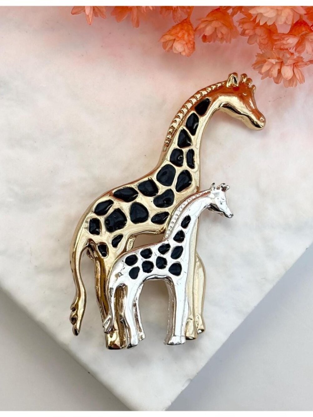 Double Giraffe Dual Toned Enameled Vintage Gold Toned Vintage Brooch | Lapel Pin